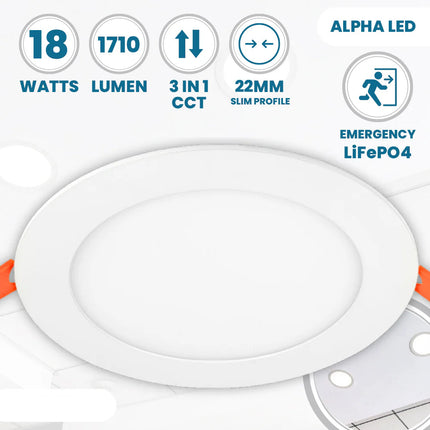 18W LED Slim Round Panel Downlight – CCT Tri-Colour, IP44 Ceiling Spot Light, White