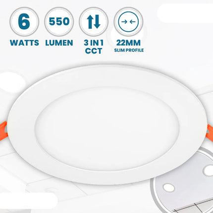 6W LED Slim Round Panel Downlight – CCT Tri-Colour, IP44 Ceiling Spot Light, White