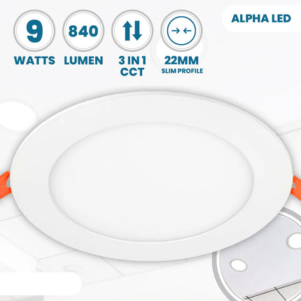 9W LED Slim Round Panel Downlight – CCT Tri-Colour, IP44 Ceiling Spot Light, White