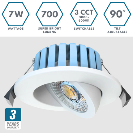 3CCT Fire‑Rated Tilt Adjustable Downlight – 7 W, 700 lm, IP65 White