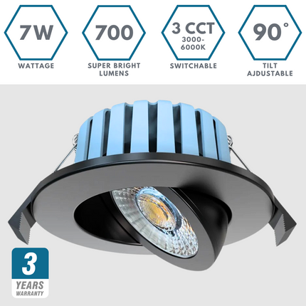 3CCT Fire‑Rated Tilt Adjustable Downlight – 7 W, 700 lm, IP65 Black