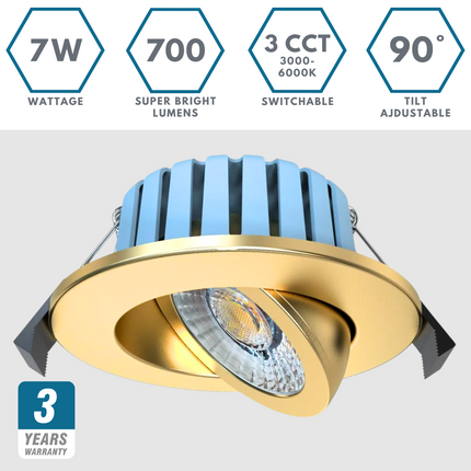 3CCT Fire‑Rated Tilt Adjustable Downlight – 7 W, 700 lm, IP65 Polished Brass