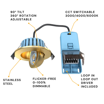 3CCT Fire‑Rated Tilt Adjustable Downlight – 7 W, 700 lm, IP65 Polished Brass