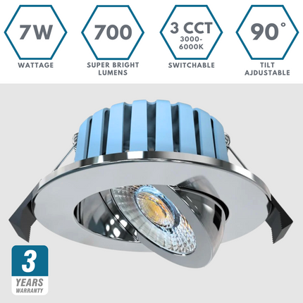 3CCT Fire‑Rated Tilt Adjustable Downlight – 7 W, 700 lm, IP65 Polished Chrome