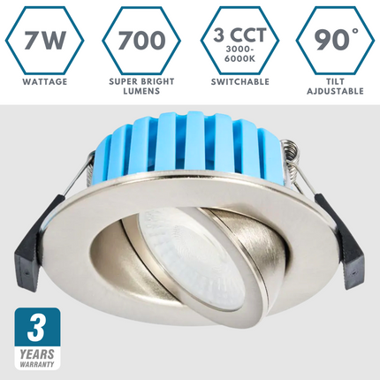 3CCT Fire‑Rated Tilt Adjustable Downlight – 7 W, 700 lm, IP65 Brushed Chrome