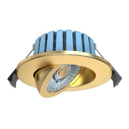 Gold and blue recessed ceiling light on a white background
