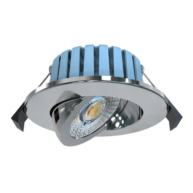 LED downlight with blue glass cover on a white background