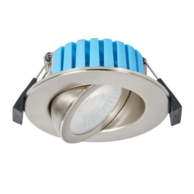 LED downlight with blue heatsink on a white background