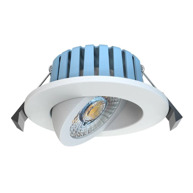 LED downlight with blue and white design on a white background