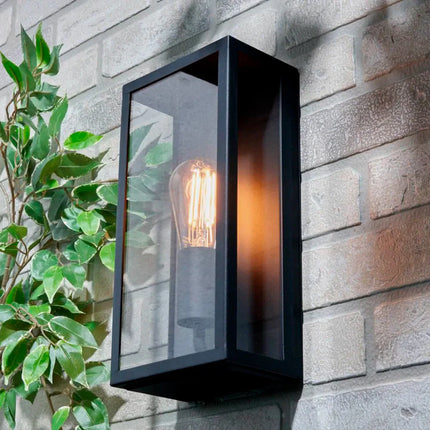 Outdoor Wall Lantern – Box Glass Porch Light, E27, IP44, Black