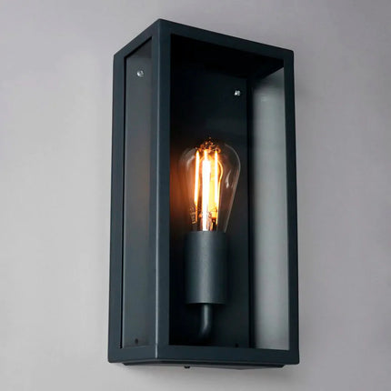 Outdoor Wall Lantern – Box Glass Porch Light, E27, IP44, Black