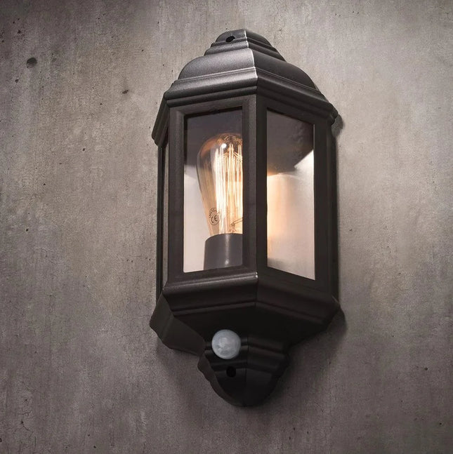 Outdoor Half Lantern Wall Light with PIR Sensor – E27, Black, IP44