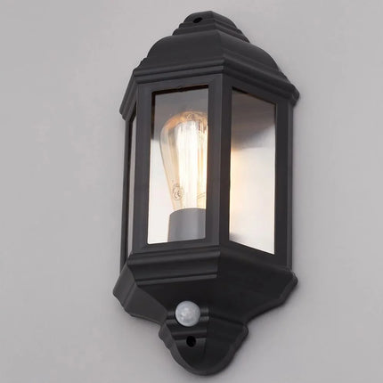 Outdoor Half Lantern Wall Light with PIR Sensor – E27, Black, IP44