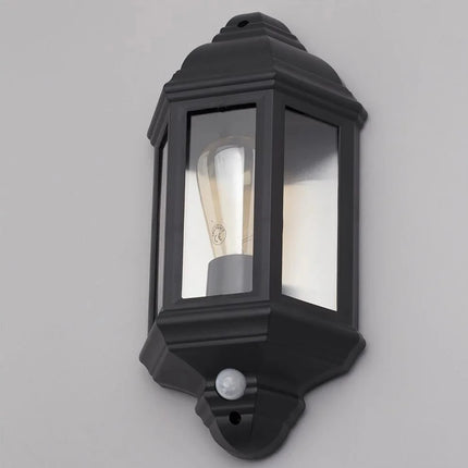 Outdoor Half Lantern Wall Light with PIR Sensor – E27, Black, IP44