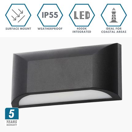 Outdoor Curved Down Wall Light – 5W LED, 4000K Neutral White, IP55, Black