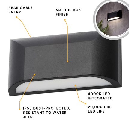 Outdoor Curved Down Wall Light – 5W LED, 4000K Neutral White, IP55, Black