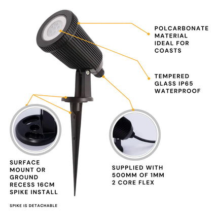 Adjustable Outdoor Garden Spot Light – GU10, Wall or Spike Mount, IP65, Black
