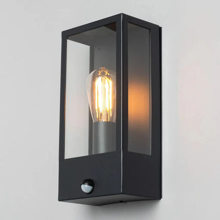 Outdoor Wall Lantern with PIR Sensor – Box Glass Porch Light, E27, IP44, Black