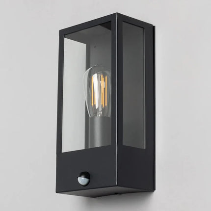 Outdoor Wall Lantern with PIR Sensor – Box Glass Porch Light, E27, IP44, Black
