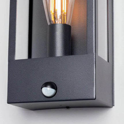 Outdoor Wall Lantern with PIR Sensor – Box Glass Porch Light, E27, IP44, Black