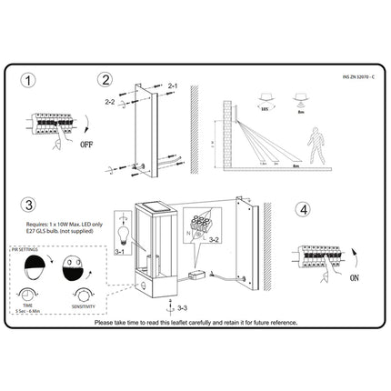 Outdoor Wall Lantern with PIR Sensor – Box Glass Porch Light, E27, IP44, Black