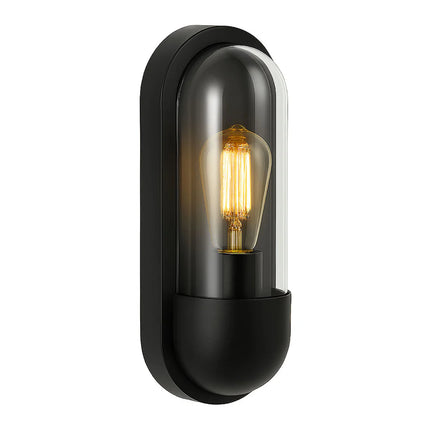 Pilule Oval Bulkhead Outdoor Wall Light – E27, Black Glass Lantern, IP44