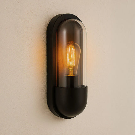 Pilule Oval Bulkhead Outdoor Wall Light – E27, Black Glass Lantern, IP44