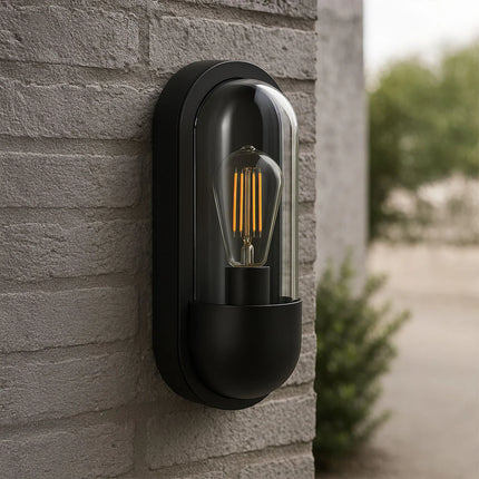 Pilule Oval Bulkhead Outdoor Wall Light – E27, Black Glass Lantern, IP44