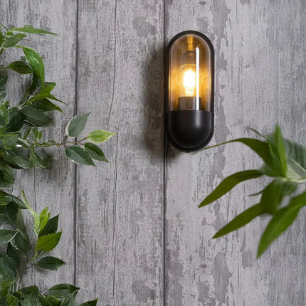 Pilule Oval Bulkhead Outdoor Wall Light – E27, Black Glass Lantern, IP44