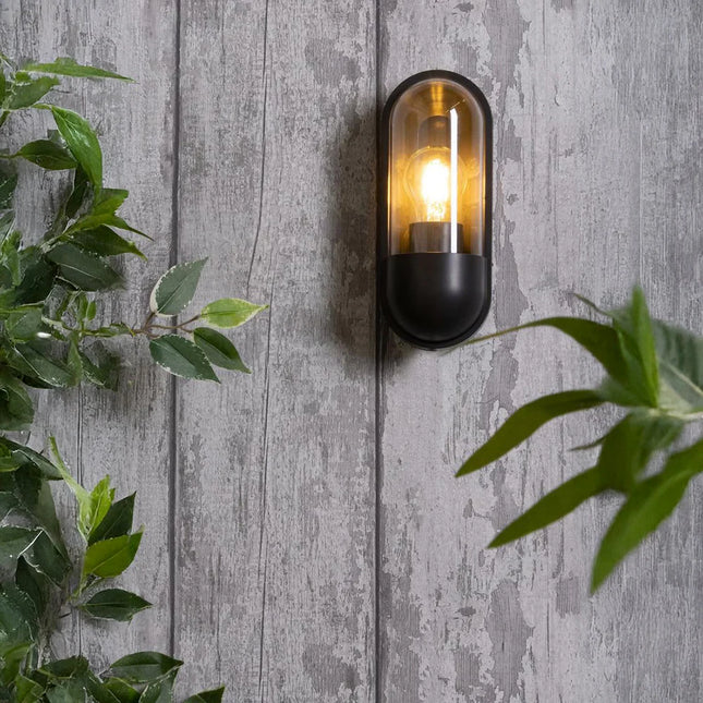 Pilule Oval Bulkhead Outdoor Wall Light – E27, Black Glass Lantern, IP44