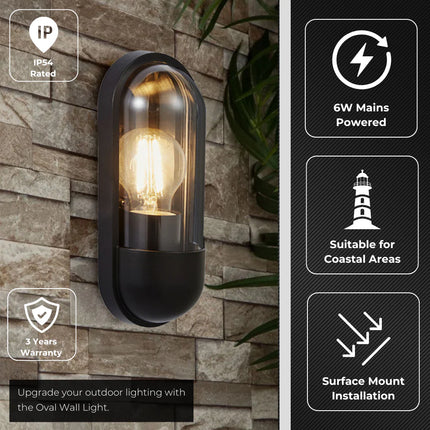 Pilule Oval Bulkhead Outdoor Wall Light – E27, Black Glass Lantern, IP44