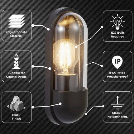 Pilule Oval Bulkhead Outdoor Wall Light – E27, Black Glass Lantern, IP44