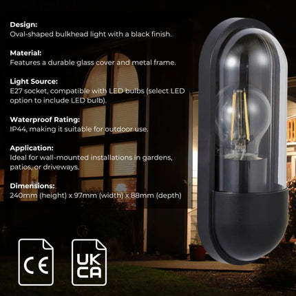 Pilule Oval Bulkhead Outdoor Wall Light – E27, Black Glass Lantern, IP44