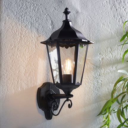 Burford Outdoor Coach Lantern – Up Wall Porch Light, E27, IP44, Black Die-Cast Aluminium