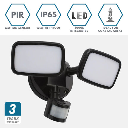 Lynn LED Outdoor Twin Wall Spot Flood Light with PIR Sensor – 10W, 1250lm, IP65, Black