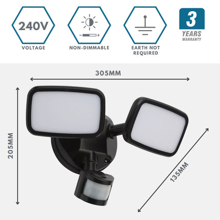 Lynn LED Outdoor Twin Wall Spot Flood Light with PIR Sensor – 10W, 1250lm, IP65, Black