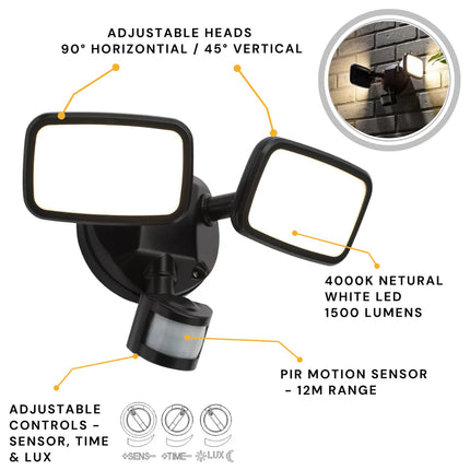 Lynn LED Outdoor Twin Wall Spot Flood Light with PIR Sensor – 10W, 1250lm, IP65, Black