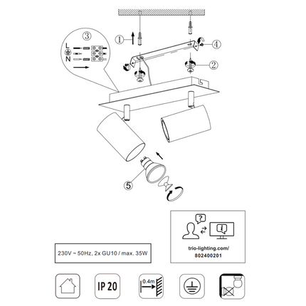 Twin Square Adjustable Spotlight – GU10 Wall or Ceiling Light, Matt Nickel, IP20