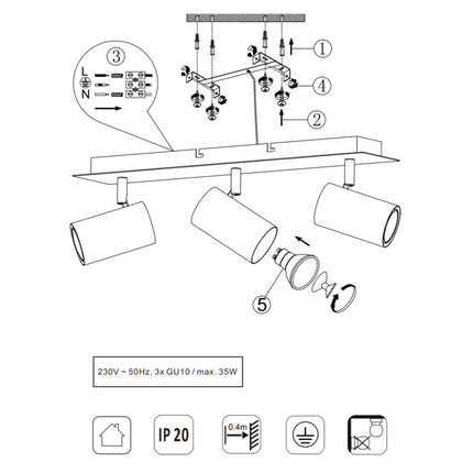 Triple Square Adjustable Spotlight – GU10 Wall or Ceiling Light, Matt Nickel, IP20