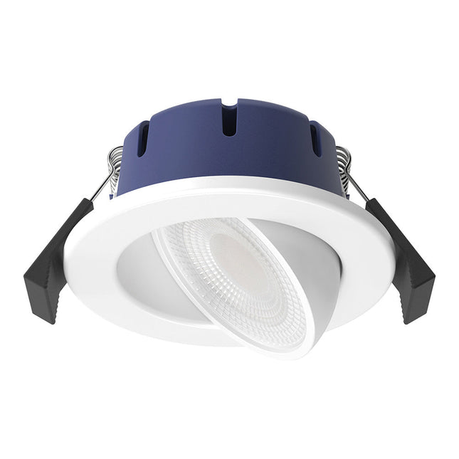 LED downlight with blue and black trim on a white background
