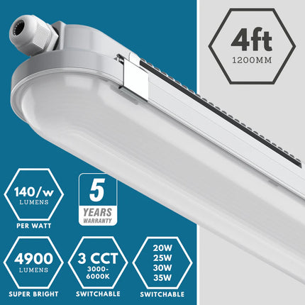 4ft Non-Corrosive Twin LED Batten – High Lumen 4900lm, CCT Tri-Colour, Multi-Wattage, IP65, Standard