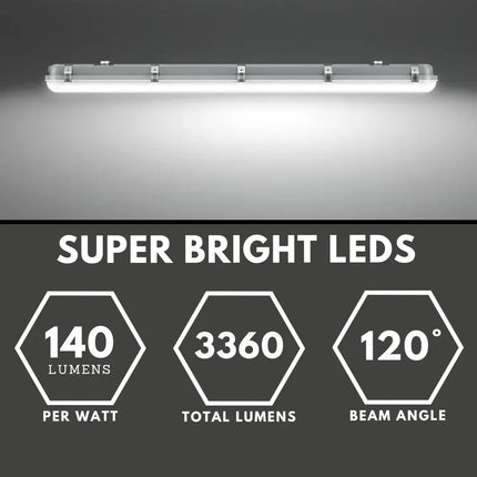 5ft Non-Corrosive Single LED Batten – 3360lm, CCT Tri-Colour, Multi-Wattage, IP65, Standard