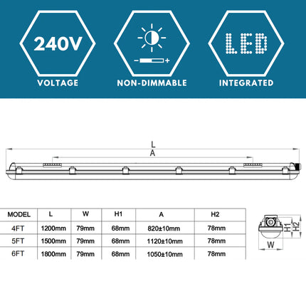 4ft Non-Corrosive Twin LED Batten – High Lumen 4900lm, CCT Tri-Colour, Multi-Wattage, IP65, Standard