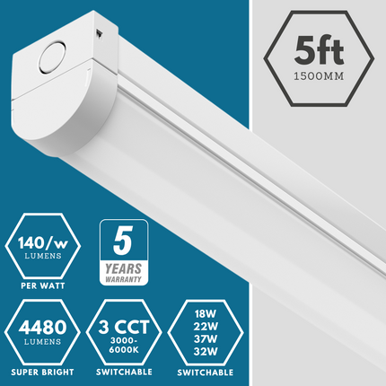 5ft Single LED Batten Light – 3CCT & 18W-32W Selectable, Multi-Wattage, IP20, Standard