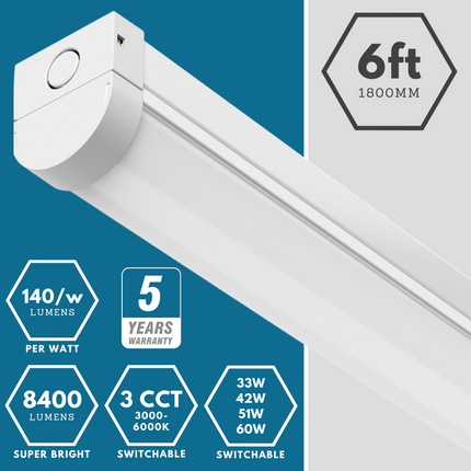 6ft Twin LED Batten Light – 3CCT & 33W-60W Selectable, Multi-Wattage, IP20, Emergency