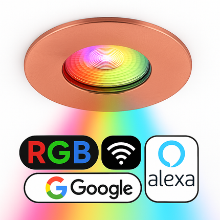 Smart Wifi RGB-CCT Fire-Rated Downlight (Alexa & Google) – IP65, GU10, Brushed Copper