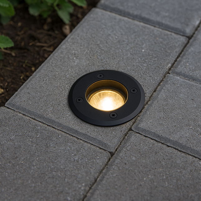 Outdoor ground light embedded in a concrete path with greenery in the background