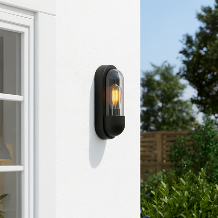 Pilule Oval Bulkhead Outdoor Wall Light – E27, Black Glass Lantern, IP44