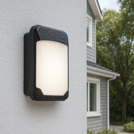 Outdoor wall light fixture on a house exterior with trees in the background