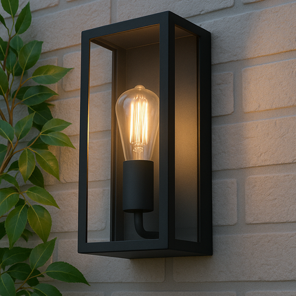 Outdoor Wall Lantern – Box Glass Porch Light, E27, IP44, Black